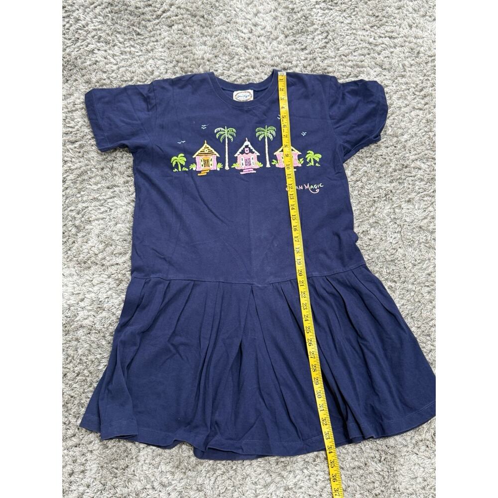 Vtg 90s Swan Magic Hand Embroidered Tropical Houses T-Shirt Dress Navy S/M - Picture 10 of 13